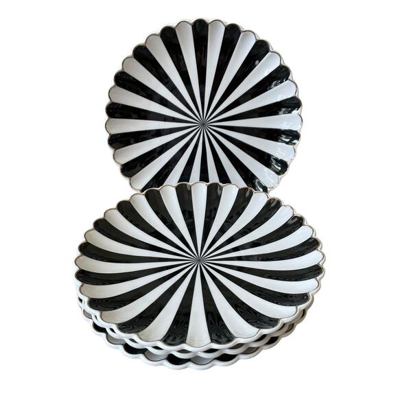 Monterey Bay Fine Porcelain Salad Plates 9in Black White Scallop Set of 4 NEW - Picture 2 of 10